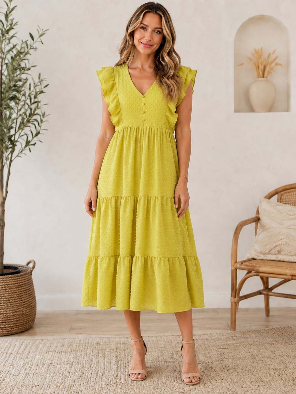 One Loved Babe Lime Ruffle Sleeve Tiered Midi Dress